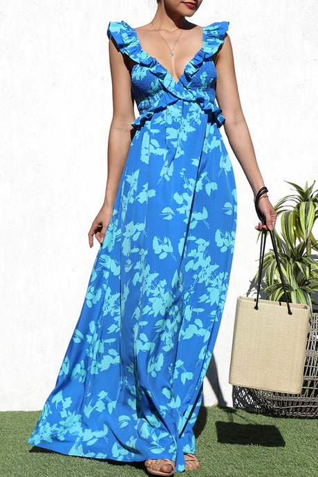 Isabela, Ruffle Sleeve Smocked Detail Floral Print Maxi Dress