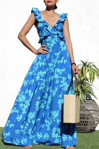 Isabela, Ruffle Sleeve Smocked Detail Floral Print Maxi Dress