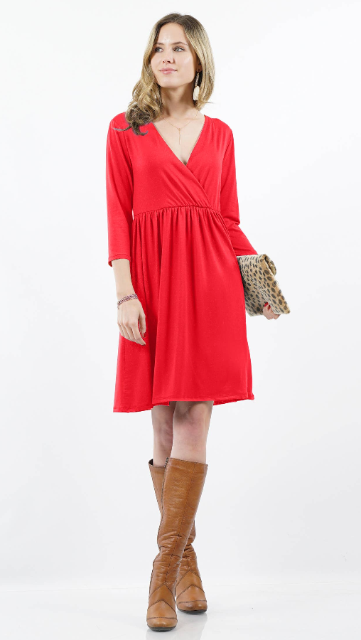 open lace back dress Lynn, Buttery Soft Fabric Surplice Dress with Pockets XL- Red