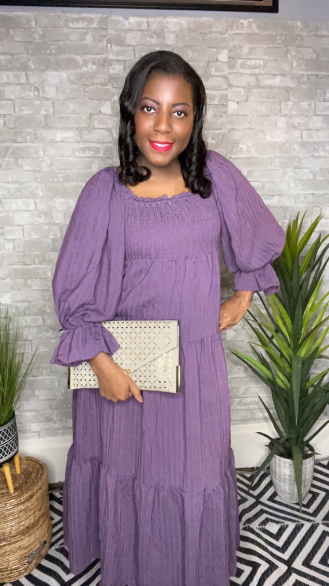 purple dress 3/4 sleeve Women'S Personalized 3/4 Sleeve Pleated Dress