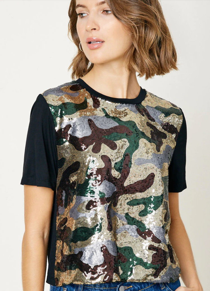Sequoia, LeNese Tee Sequin Stylish Boutique Knit Camo – Front