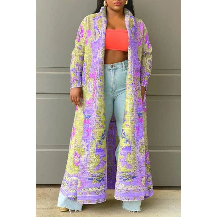 Victory, Open Front Vintage African Print Pleated Long Cardigan Jacket