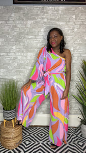 One Shoulder Abstract Print Jumpsuit with Belt