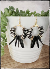 Load image into Gallery viewer, Black Coconut Wood &amp; Polka Dot Bone Bead Dangle Earrings