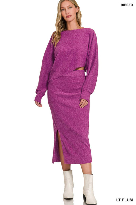 Asymmetric Hem Top & Rib Knit Skirt 2 Piece Set
