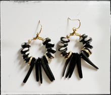 Load image into Gallery viewer, Black Coconut Wood &amp; Polka Dot Bone Bead Dangle Earrings