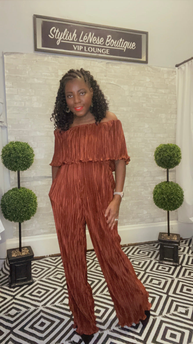 Bronze Shimmer, Pleated off the Shoulder Jumpsuit w/ Pockets