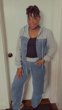 Load image into Gallery viewer, Hoodie Jacket and Barrel Pants Mix Media Denim and Sweat Set