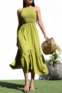 Carolina, Sleeveless Smocked Front Asymmetrical Hem Midi Dress