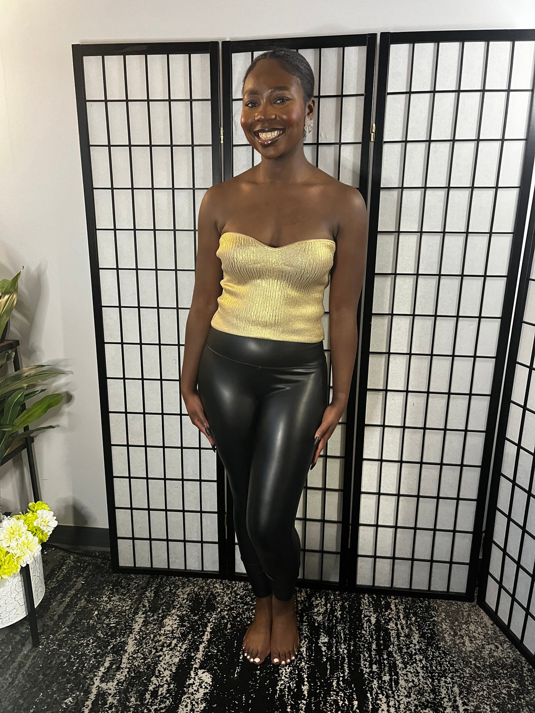Metallic, Metal Foil Coated Knit Sweetheart Tube Top: GOLD Large Metallic, Metal Foil Coated Knit Sweetheart Tube Top: GOLD Large