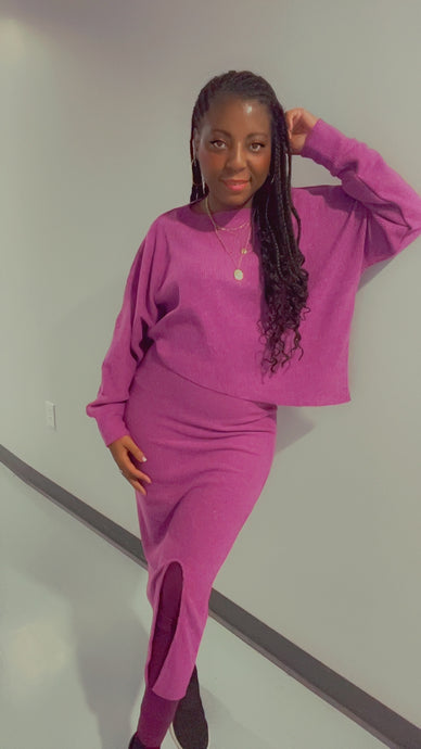 Asymmetric Hem Top & Rib Knit Skirt 2 Piece Set