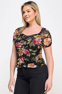 Mesh Floral Print Ruched Top - Plus