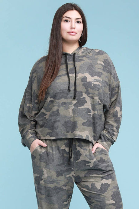 Boxy Camo Print Sweatshirt Hoodie, Plus