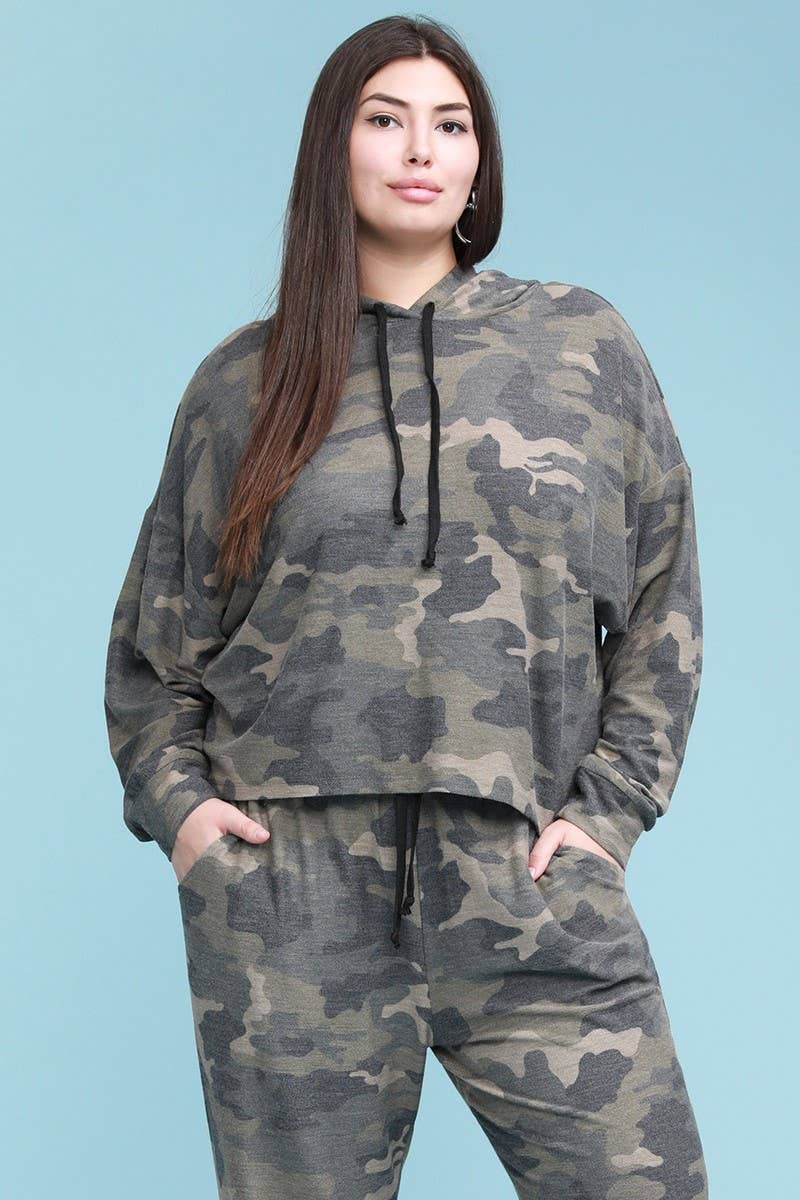 Boxy Camo Print Sweatshirt Hoodie, Plus