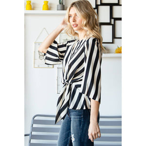 Striped Front Tie Peplum Blouse