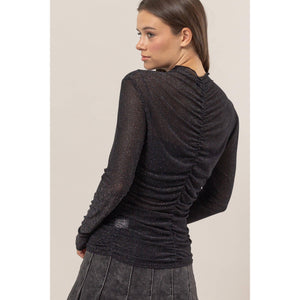 Sparkle, Lurex Mesh Ruched Sheer Long Sleeve Knit Top