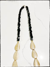 Load image into Gallery viewer, Wood &amp; African Bone Bead Long Necklace Polka Dot Black Glass