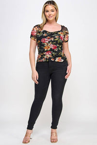 Mesh Floral Print Ruched Top - Plus