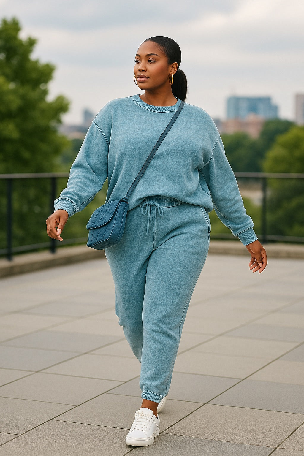 Acid Wash Fleece Hi-low Hem Pullover with Drawstring Pants Set