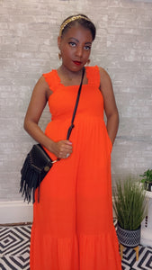 Horizon, Ruffle Pants Smocked Bodice Jumpsuit w/ Pockets