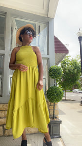 Carolina, Sleeveless Smocked Front Asymmetrical Hem Midi Dress