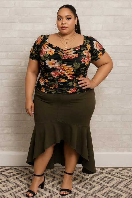 Mesh Floral Print Ruched Top - Plus