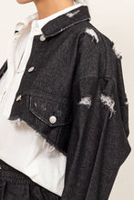 Load image into Gallery viewer, Black Distressed Cropped Denim Jacket