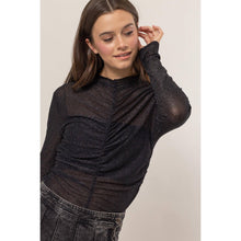 Load image into Gallery viewer, Sparkle, Lurex Mesh Ruched Sheer Long Sleeve Knit Top