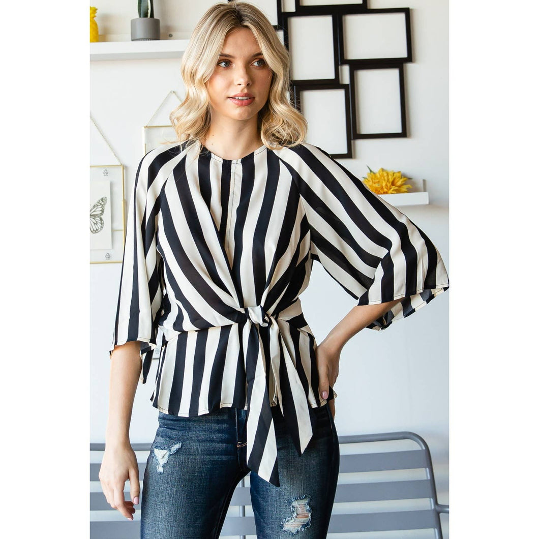 Striped Front Tie Peplum Blouse