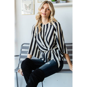 Striped Front Tie Peplum Blouse