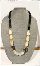 Load image into Gallery viewer, Wood &amp; African Bone Bead Long Necklace Polka Dot Black Glass