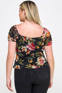 Mesh Floral Print Ruched Top - Plus