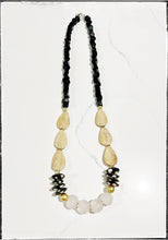 Load image into Gallery viewer, Wood &amp; African Bone Bead Long Necklace Polka Dot Black Glass