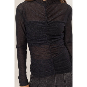 Sparkle, Lurex Mesh Ruched Sheer Long Sleeve Knit Top