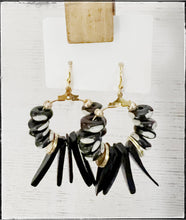 Load image into Gallery viewer, Black Coconut Wood &amp; Polka Dot Bone Bead Dangle Earrings
