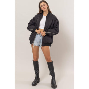 Puffer Bomber Jacket with Sleeve Zipper Detail