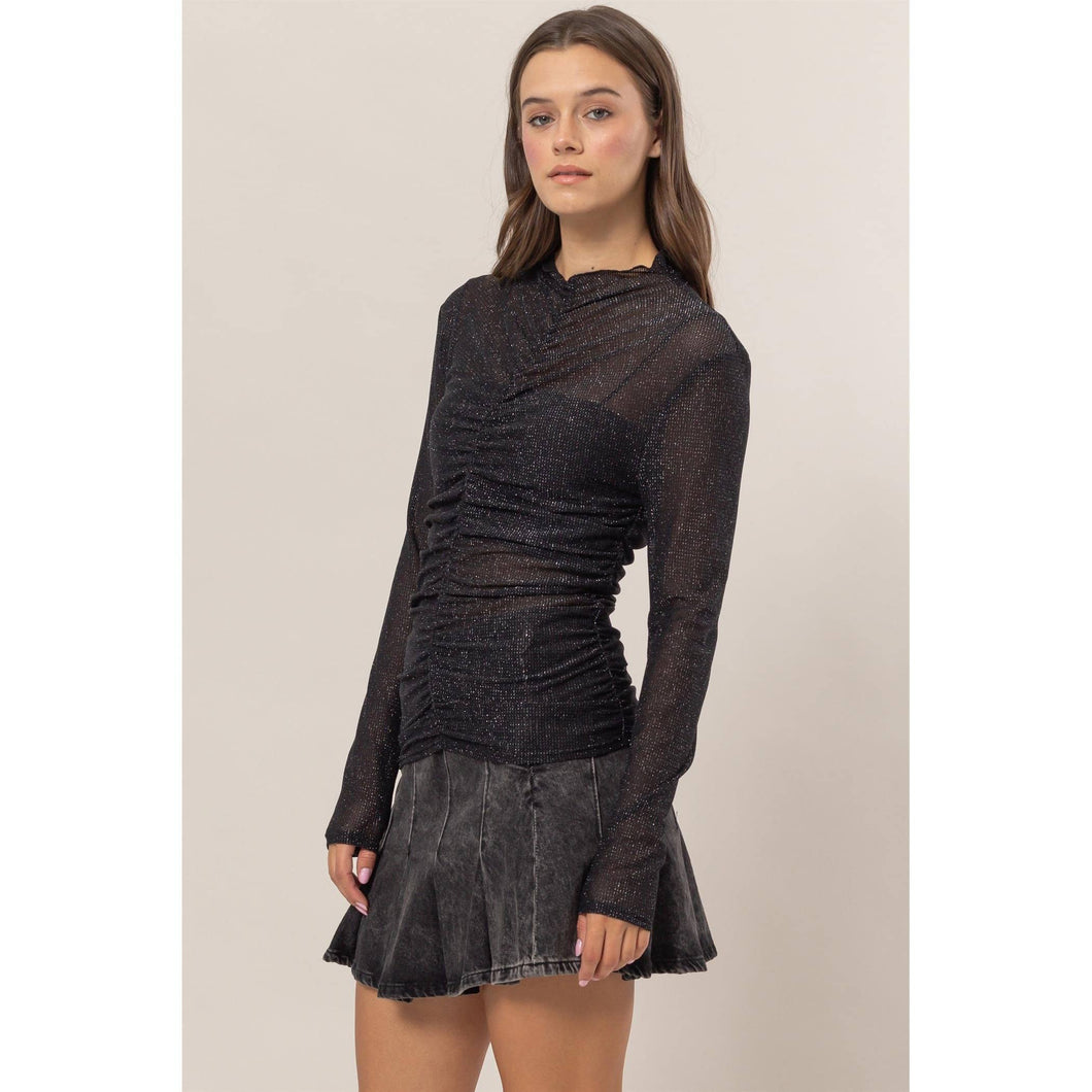 Sparkle, Lurex Mesh Ruched Sheer Long Sleeve Knit Top