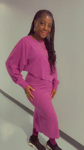 Asymmetric Hem Top & Rib Knit Skirt 2 Piece Set