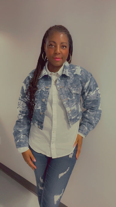 Distressed Jacquard Denim Cropped Jacket