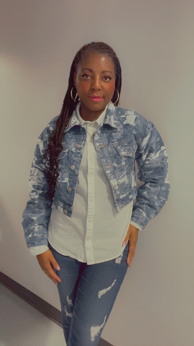 Distressed Jacquard Denim Cropped Jacket