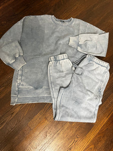 Acid Wash Fleece Hi-low Hem Pullover with Drawstring Pants Set, Plus