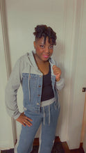 Load image into Gallery viewer, Hoodie Jacket and Barrel Pants Mix Media Denim and Sweat Set