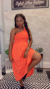 Paradise, One Shoulder Cutout Smocked Top Dress with Pockets
