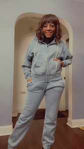 Acid Wash Fleece Cropped Zip-up Hoodie and Sweat Pant Set