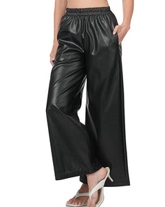 Noir, Wide Leg Faux Leather Pant with Pockets and Elastic Waist