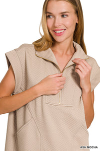 Textured Knit Jacquard Zip Front Tunic Sweatshirt