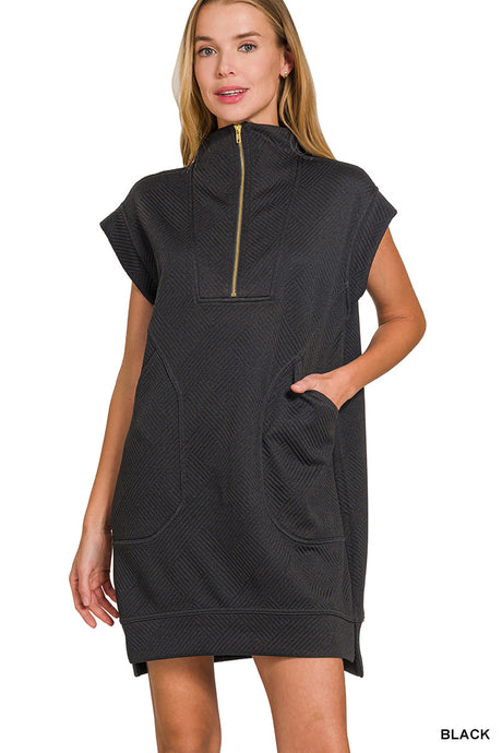 Black sleeveless dress with a zipper on a white background