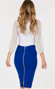 High Waisted Fitted Pencil Skirt with Back 2-way Zipper