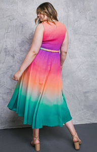 Yuma, Sleeveless Smocked Woven Midi Ombre Dress w/ Belt
