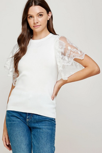 Canyon, Scalloped Lace Sleeve Sweater Knit Top